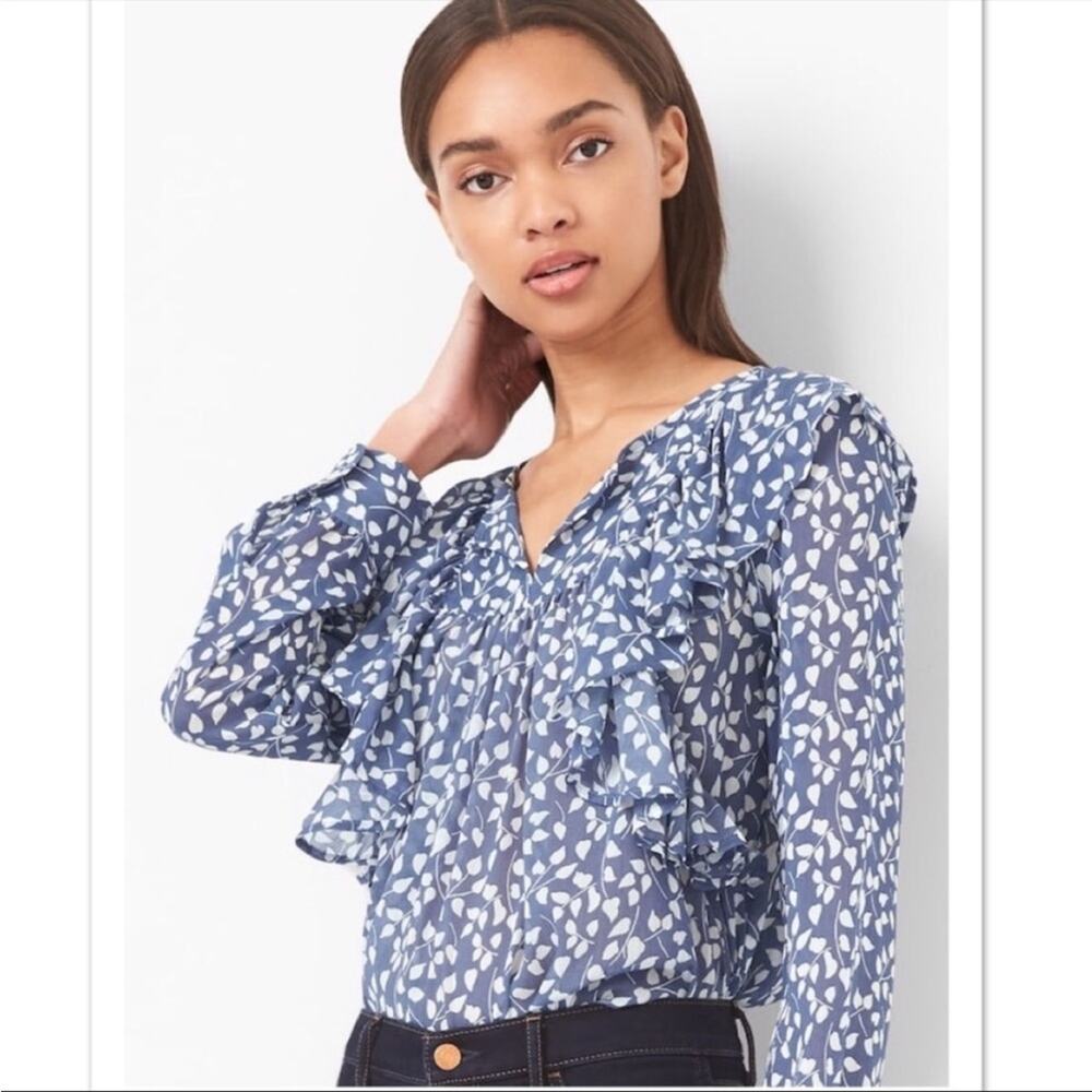 GAP Cascade Ruffle Blouse Blue White Floral Print Long Sleeve Women’s Size XL